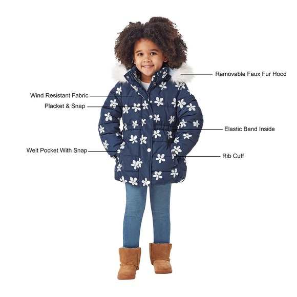 NWT Member's Mark Girls' Puffer Jacket- Navy Floral Size 4T - Picture 2 of 16